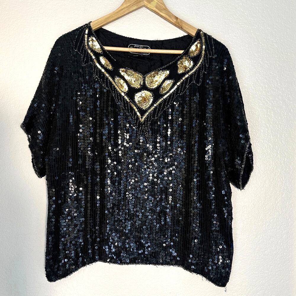 Jean for Joseph Le Bon Vintage 100% Silk Beaded Blouse,‎ Retroglam, Art Deco, L